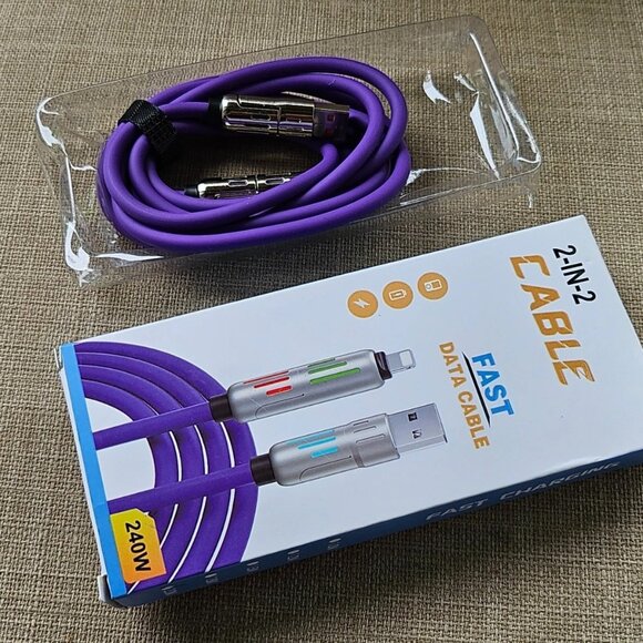 Fast Charging Data Cable Purple 2 in 2 USB Lighting USB Type C 2 Meters Unbrand - Picture 1 of 12
